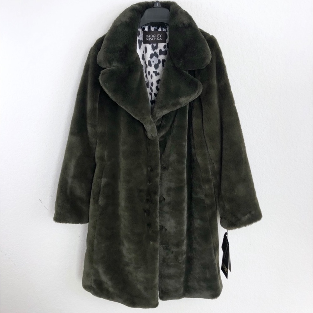 Badgley Mischka Green Teddy Faux Fur Trench Coat